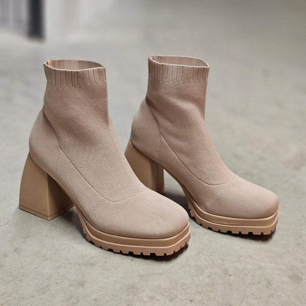Chunky Heel Ankle Boots With Sock Knit Upper & Lug Sole In Nude - Picture 7 of 7
